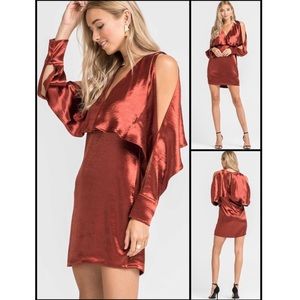 Satin copper cold shoulder cocktail dress